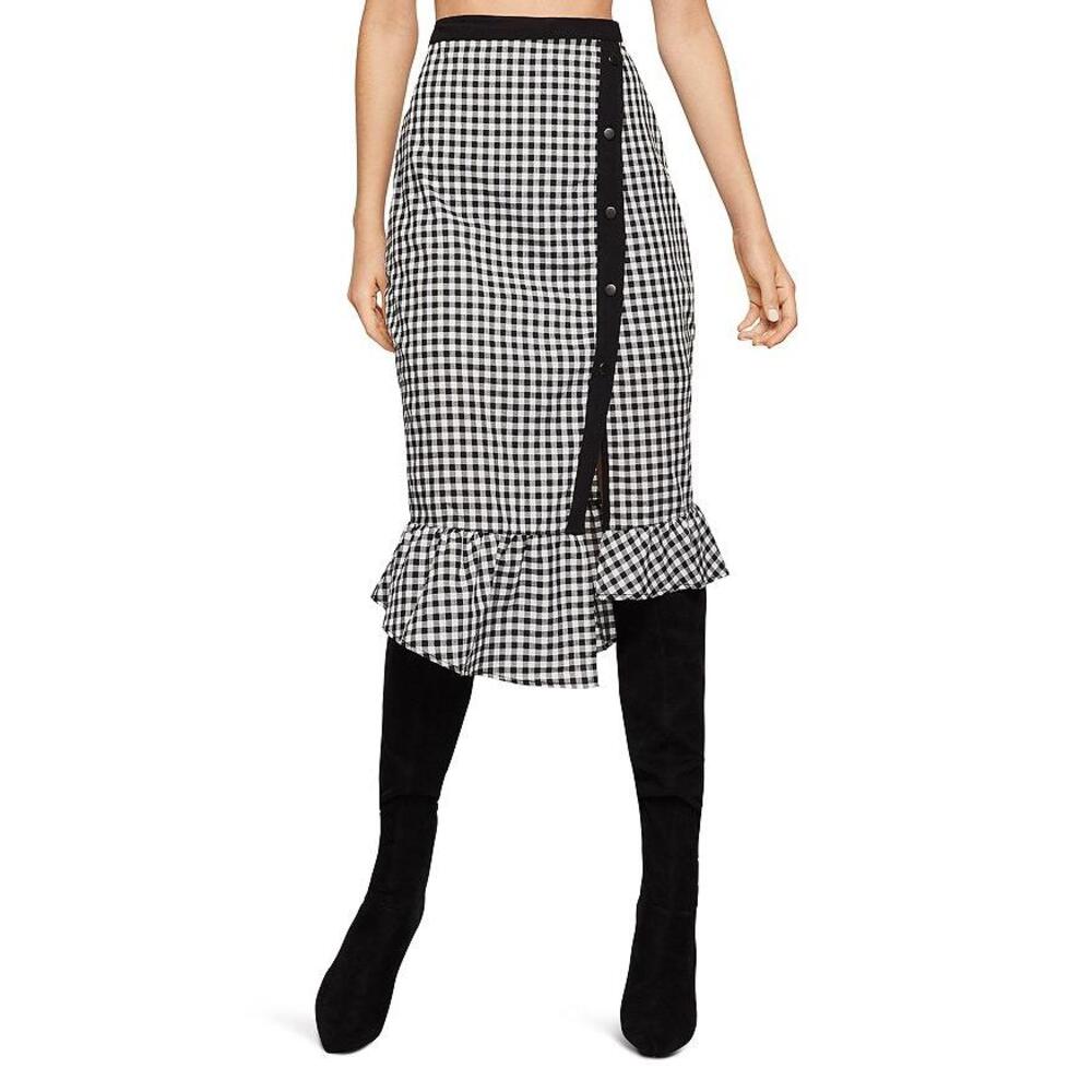 BCBGeneration Women's Black‎ White Gingham Ruffle Asymmetric Pencil Skirt Size 4